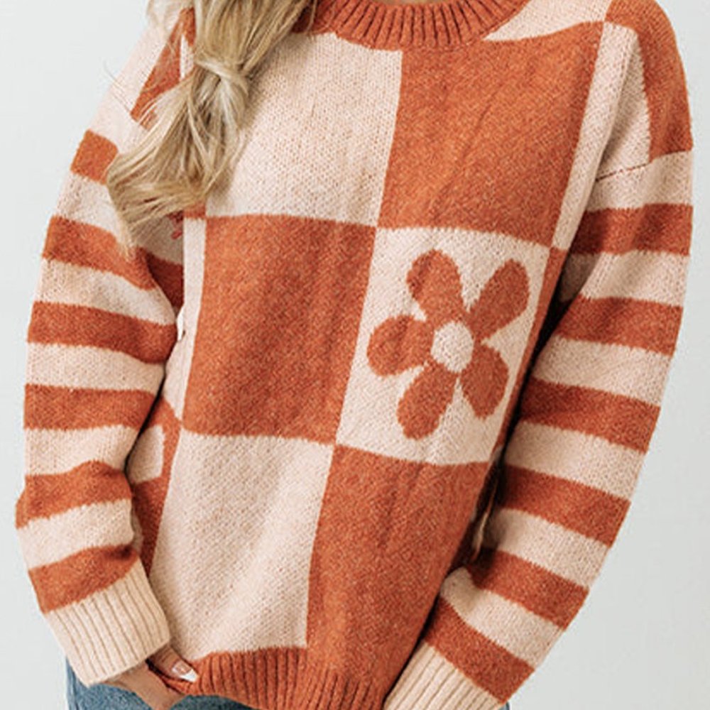 Brown Checkered Floral Print Striped Sleeve Sweater - Picture 6 of 8